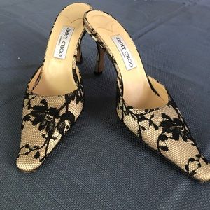 Jimmy Choo cream and black lace heels